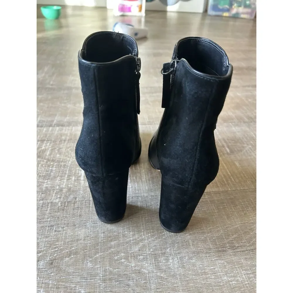 WHBM Kaydyn Ankle Booties Womens 6 Black Leather Velvet Block Heel Shoes NEW